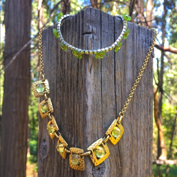 Vintage necklace and bracelet in green and gold flapper girl style - Picture 1 of 10
